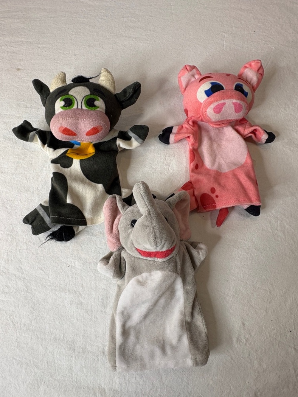Plush Hand Puppets Lot Of 3 Elephant, Cow, Pig Play Pretend Animals